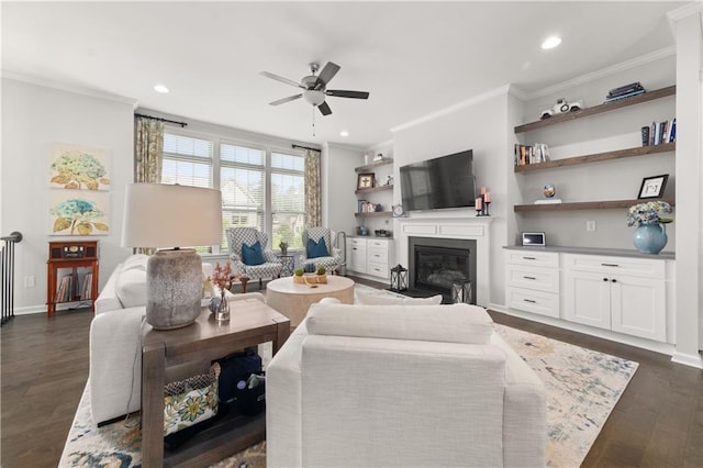 3 Hundley Ln, Roswell, GA 30076 - living room featuring ornamental molding, ceiling fan, a glass covered fireplace, dark wood finished floors, and recessed lighting