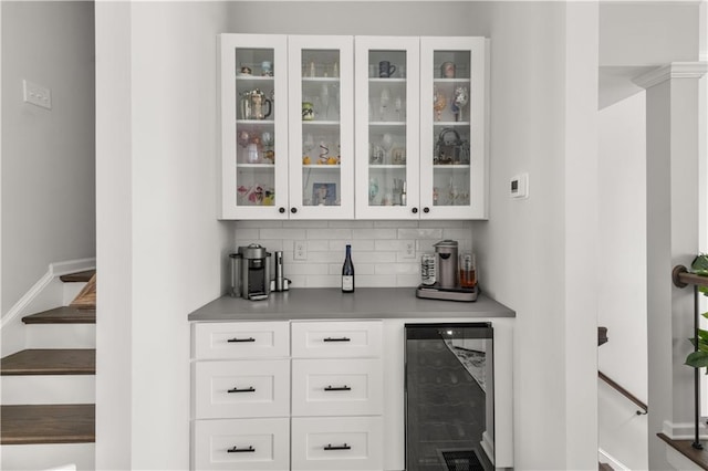 3 Hundley Ln, Roswell, GA 30076 - indoor dry bar with wine cooler, tasteful backsplash, and stairs