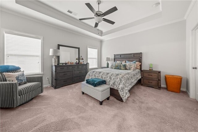 3 Hundley Ln, Roswell, GA 30076 - bedroom featuring a tray ceiling, ornamental molding, baseboards, light colored carpet, and ceiling fan
