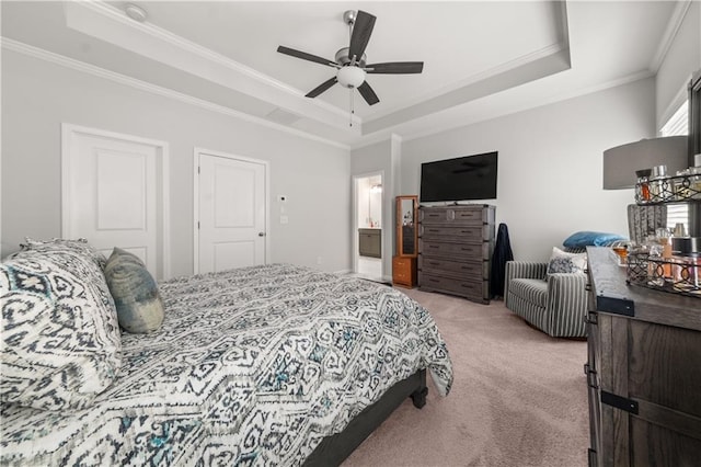 3 Hundley Ln, Roswell, GA 30076 - bedroom featuring a raised ceiling, light carpet, crown molding, ceiling fan, and connected bathroom