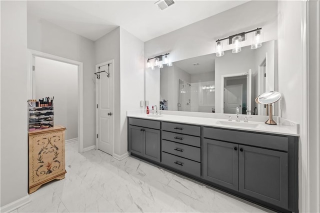 3 Hundley Ln, Roswell, GA 30076 - bathroom with a shower stall, double vanity, marble look tiles, and baseboards