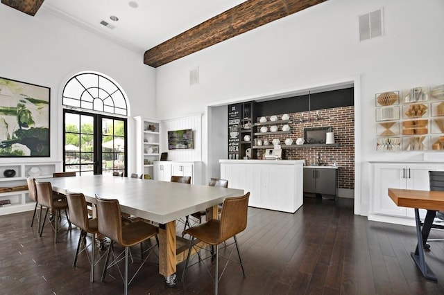 3 Hundley Ln, Roswell, GA 30076 - dining room featuring a high ceiling, dark wood-type flooring, and beam ceiling