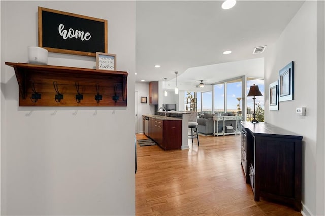 hall with light hardwood / wood-style floors and sink