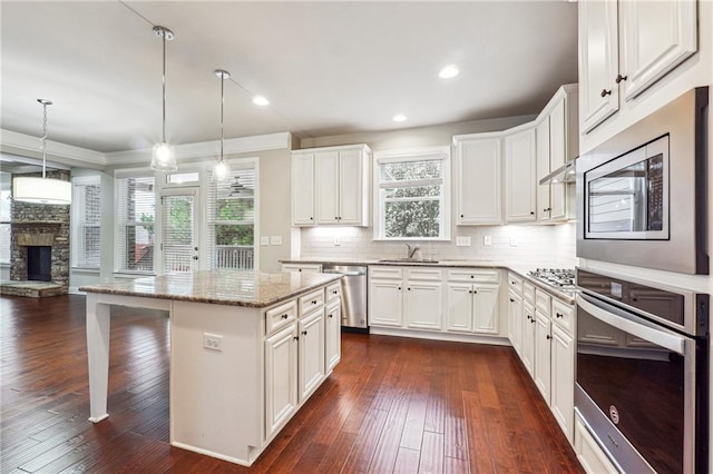 kitchen with tasteful backsplash, dark wood-type flooring, appliances with stainless steel finishes, a fireplace, and a sink