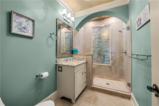 3855 Greenside Ct, Dacula, GA 30019 - full bath featuring crown molding, a stall shower, baseboards, vanity, and tile patterned floors