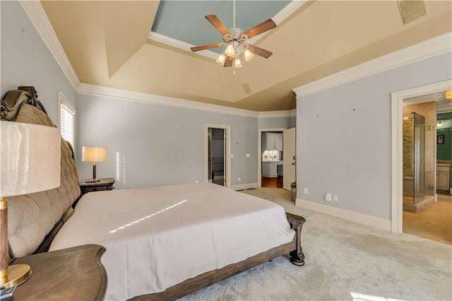 3855 Greenside Ct, Dacula, GA 30019 - bedroom with crown molding, baseboards, ensuite bathroom, light carpet, and a tray ceiling