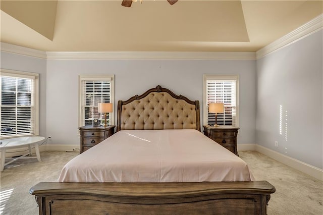 3855 Greenside Ct, Dacula, GA 30019 - bedroom featuring crown molding, a ceiling fan, baseboards, and light colored carpet