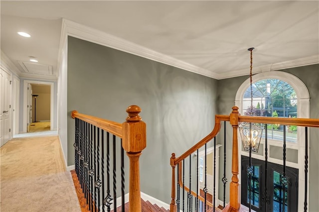 3855 Greenside Ct, Dacula, GA 30019 - staircase featuring crown molding, recessed lighting, and carpet