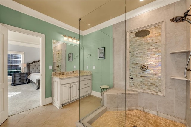 3855 Greenside Ct, Dacula, GA 30019 - ensuite bathroom featuring tile patterned flooring, ornamental molding, and walk in shower