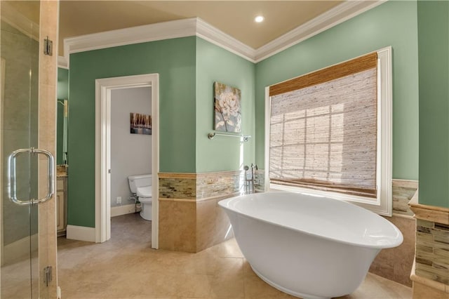 3855 Greenside Ct, Dacula, GA 30019 - full bathroom featuring crown molding, a stall shower, toilet, and a freestanding bath