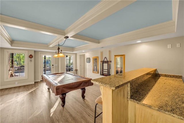 3855 Greenside Ct, Dacula, GA 30019 - playroom with wood finished floors, beam ceiling, baseboards, billiards, and coffered ceiling