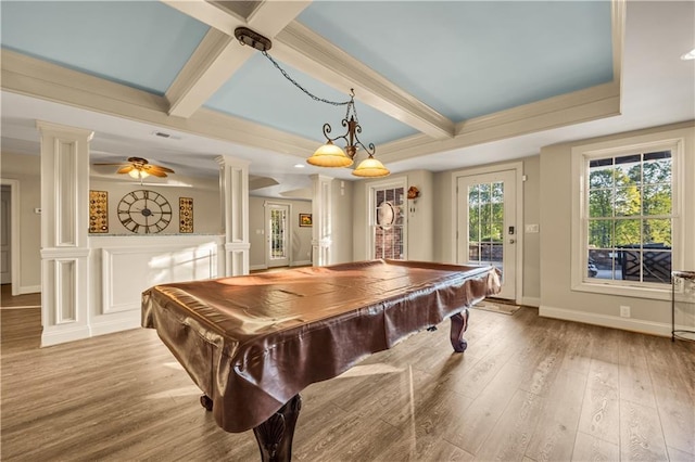 3855 Greenside Ct, Dacula, GA 30019 - recreation room featuring ornate columns, billiards, coffered ceiling, and wood finished floors