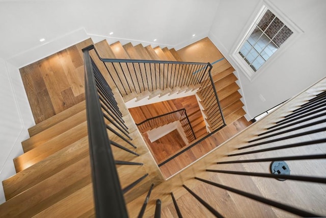 stairway with wooden walls