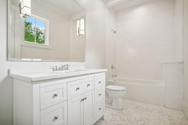 full bathroom with tile patterned floors, vanity, toilet, and tiled shower / bath combo