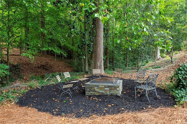 view of yard with a fire pit