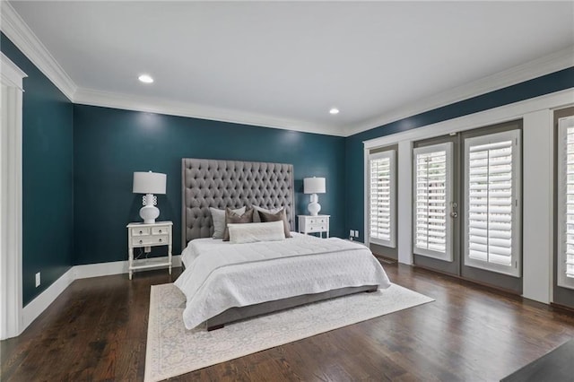 bedroom with access to exterior, french doors, crown molding, wood finished floors, and baseboards