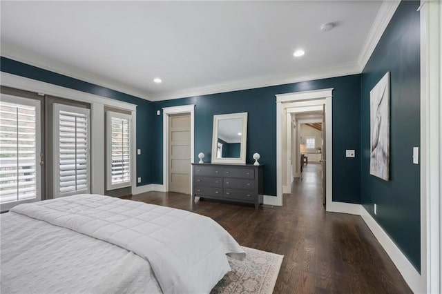 bedroom featuring recessed lighting, crown molding, baseboards, and wood finished floors