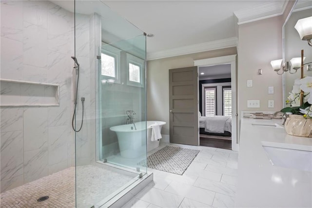 bathroom featuring ensuite bathroom, a freestanding bath, a marble finish shower, and crown molding