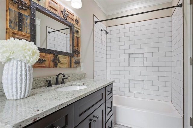 full bathroom with bathtub / shower combination, ornamental molding, and vanity