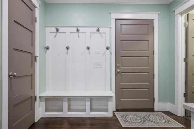 mudroom featuring dark wood-style floors