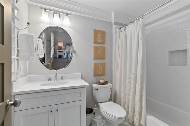 bathroom with shower / tub combo, vanity, toilet, and crown molding