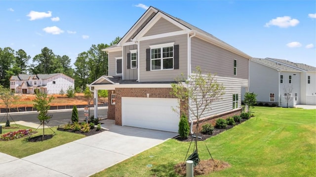 view of front facade featuring an attached garage, brick siding, concrete driveway, a residential view, and a front yard