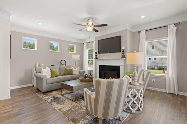 living room with ornamental molding, light wood-style floors, and baseboards