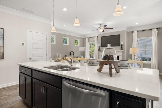 kitchen featuring light countertops, stainless steel dishwasher, open floor plan, a sink, and an island with sink