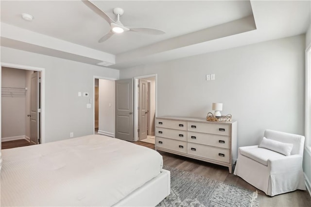 bedroom with a raised ceiling, a ceiling fan, wood finished floors, a spacious closet, and a closet