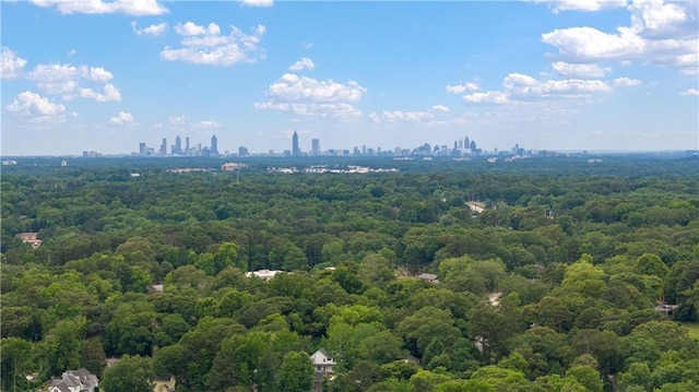 birds eye view of property featuring a city view and a forest view