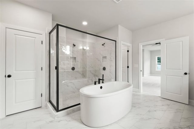 bathroom with shower with separate bathtub