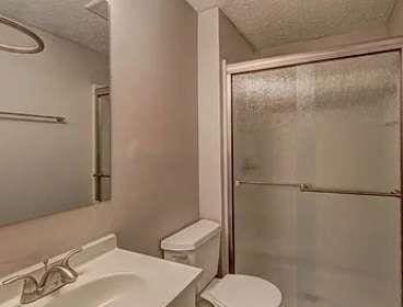 bathroom with vanity, a textured ceiling, toilet, and walk in shower