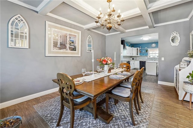 dining room featuring hardwood / wood-style floors, an inviting chandelier, baseboards, and coffered ceiling