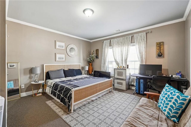 bedroom featuring visible vents, baseboards, carpet, and ornamental molding