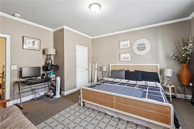 bedroom featuring ornamental molding, baseboards, and carpet floors