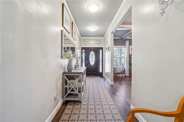 entrance foyer featuring baseboards, wood finished floors, and crown molding