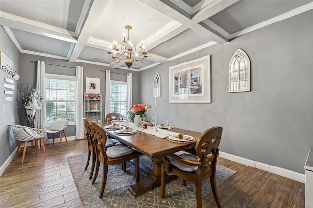 dining room with a chandelier, coffered ceiling, baseboards, and hardwood / wood-style flooring