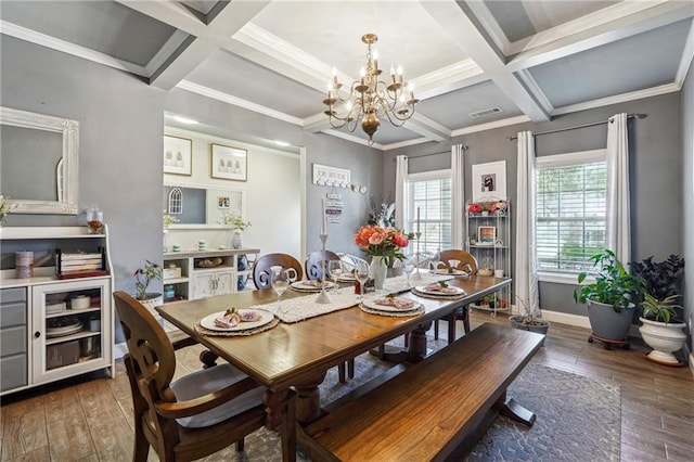 dining space featuring hardwood / wood-style floors, an inviting chandelier, visible vents, and coffered ceiling