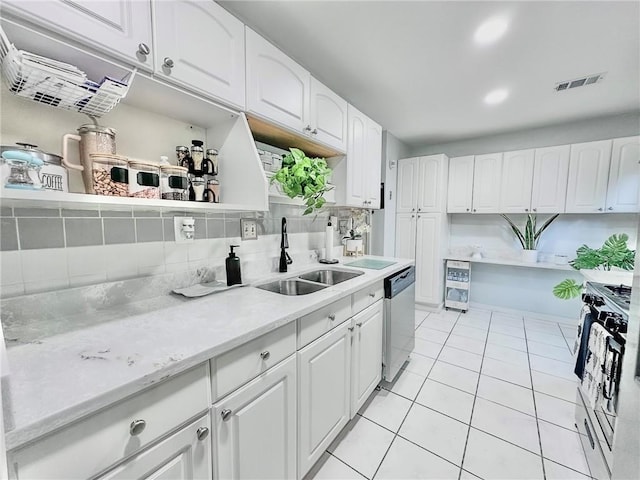 kitchen with sink, stainless steel dishwasher, white cabinets, and gas range