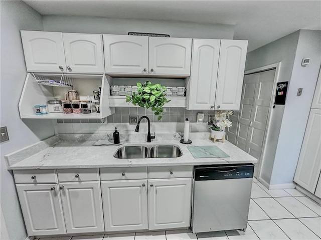 kitchen featuring sink, white cabinetry, dishwasher, and tasteful backsplash