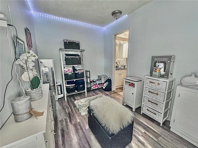 bedroom with dark wood-type flooring and connected bathroom