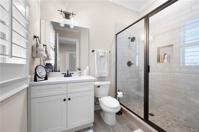 bathroom featuring vanity, toilet, and a stall shower