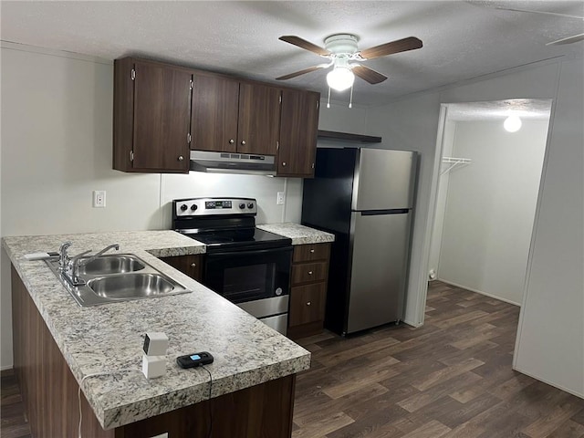 kitchen featuring ceiling fan, sink, stainless steel appliances, dark hardwood / wood-style flooring, and kitchen peninsula