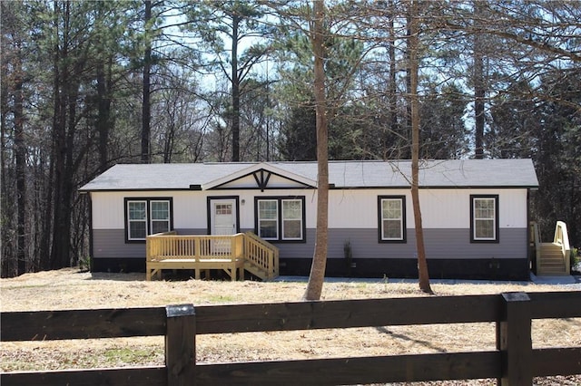 view of front of property featuring a fenced front yard and a wooden deck