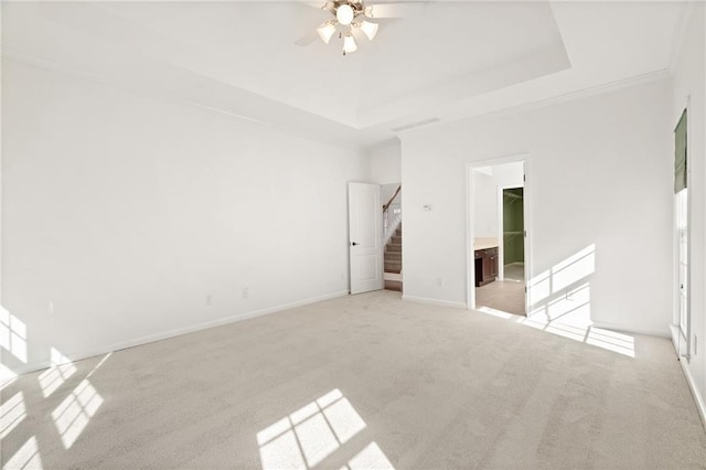 interior space featuring a spacious closet, light carpet, a raised ceiling, a closet, and ceiling fan