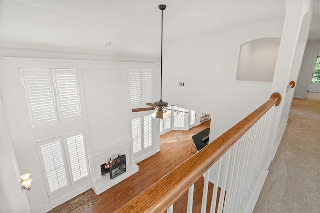 hall with light colored carpet