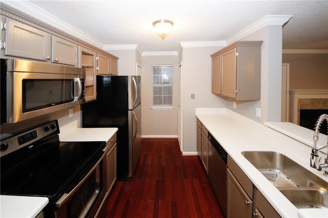 kitchen featuring stainless steel appliances, a sink, ornamental molding, and dark wood-style floors