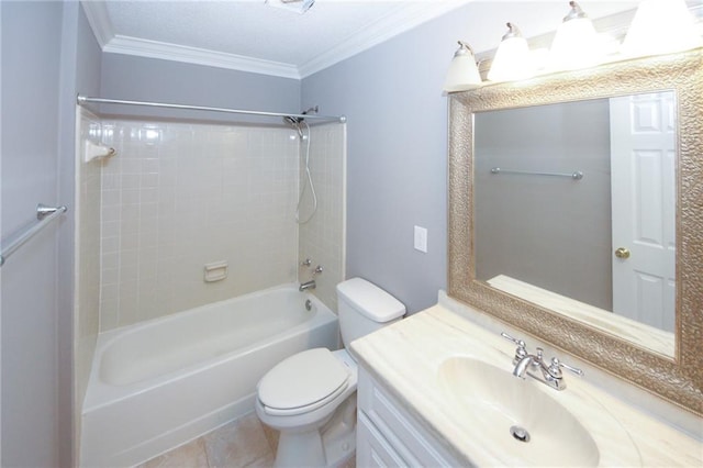 full bathroom with toilet, vanity, tile patterned floors, crown molding, and shower / bathtub combination