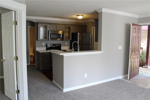 kitchen with light carpet, crown molding, stainless steel appliances, and a textured ceiling