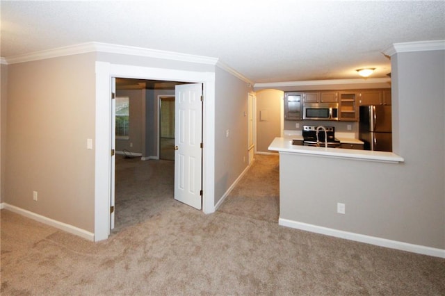 kitchen with light carpet, appliances with stainless steel finishes, and ornamental molding